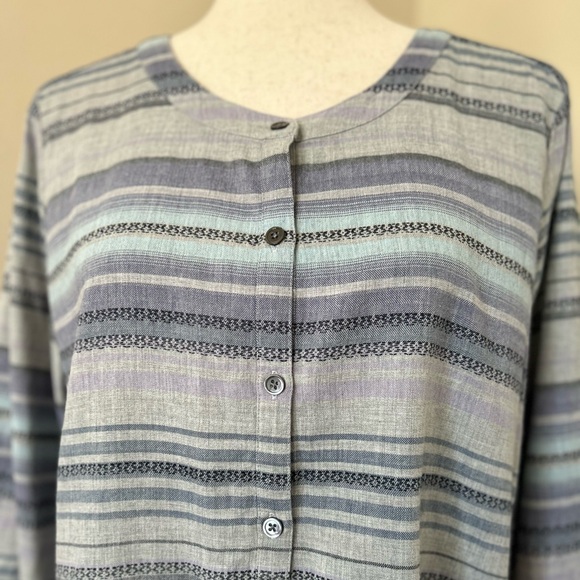 J. Jill Aztec Gray Blue Stripe Popover Half Button Blouse Top 100% Cotton Medium - Picture 10 of 12
